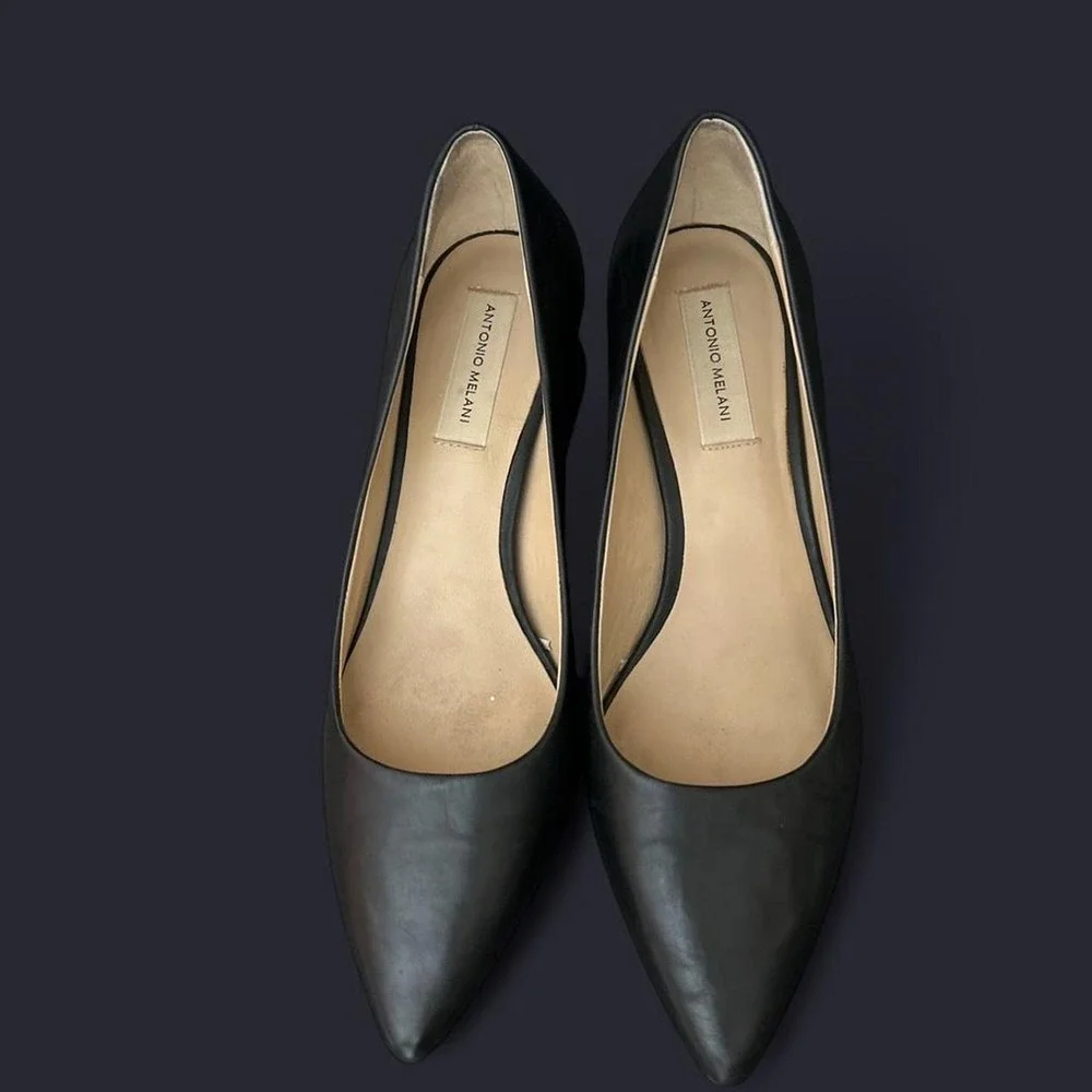Antonio Melani Black Leather Block Heel Pointed Toe Pumps Womens 10M EU 40